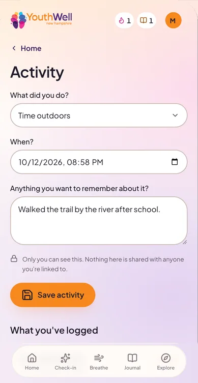 Activity log form filled in: Time outdoors, a date and time, and the note “Walked the trail by the river after school.”