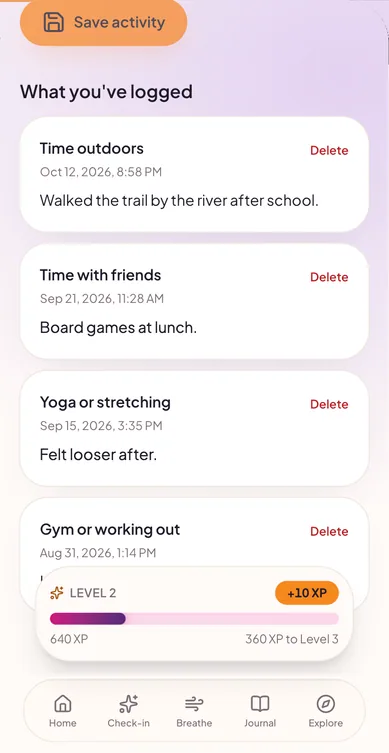 Activity log, “What you've logged”: Time outdoors, Time with friends, Yoga or stretching and Gym or working out, with a plus 10 XP toast.