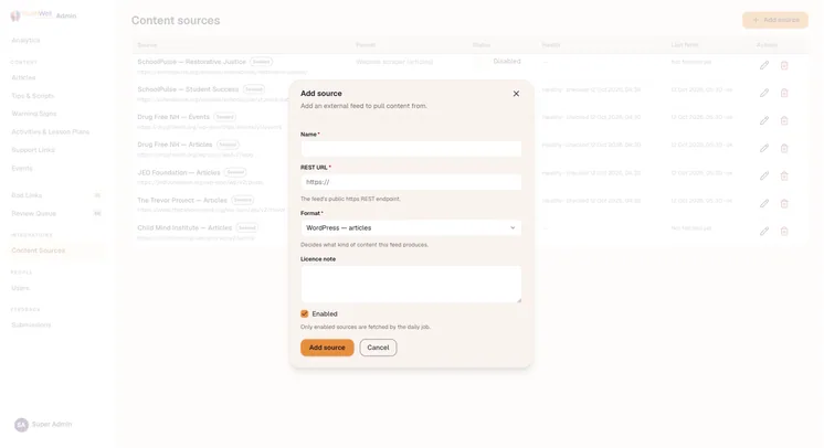 Add source dialog with fields for name, REST URL, format and licence note; only enabled sources are fetched by the daily job.