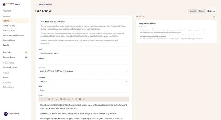 The same Edit Article screen with the preview switched to desktop width.