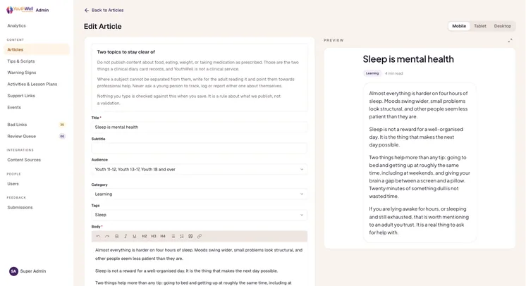 Edit Article screen with a standing reminder of two topics to stay clear of, fields for title, audience, category and tags, and a live mobile preview of the article “Sleep is mental health”.