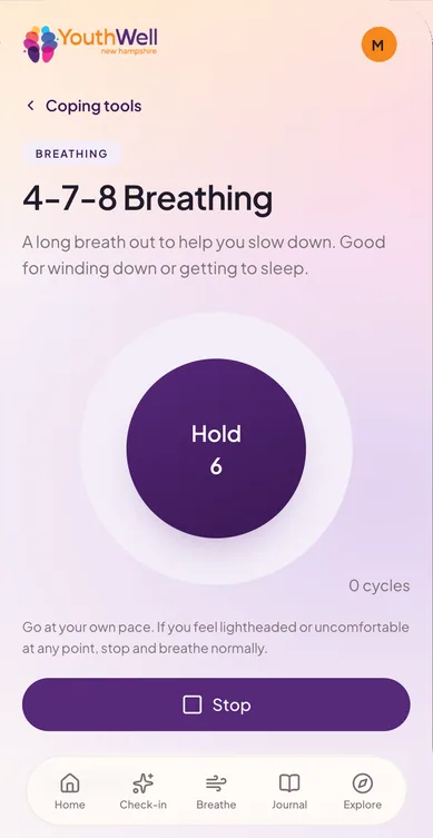 4-7-8 Breathing running, the orb reading “Hold, 6”.