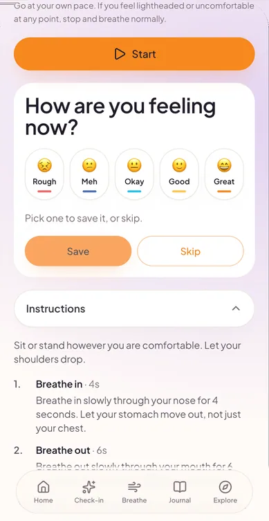 After a breathing session, an optional “How are you feeling now?” card with five moods, a Save button and a Skip button.