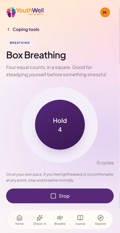 Box Breathing running, the orb reading “Hold, 4”.
