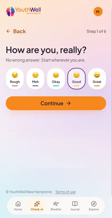Check-in step 1 of 6, “How are you, really?”, with five mood buttons and Good selected.