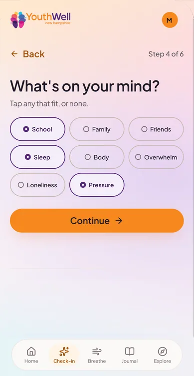 Check-in step 4 of 6, “What's on your mind?”, topic chips with School, Sleep and Pressure selected.