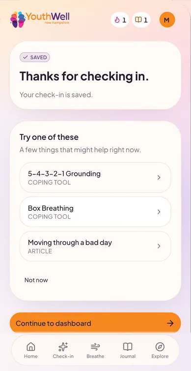 Check-in saved after a low mood, with a “Try one of these” card suggesting 5-4-3-2-1 Grounding, Box Breathing and the article “Moving through a bad day”.