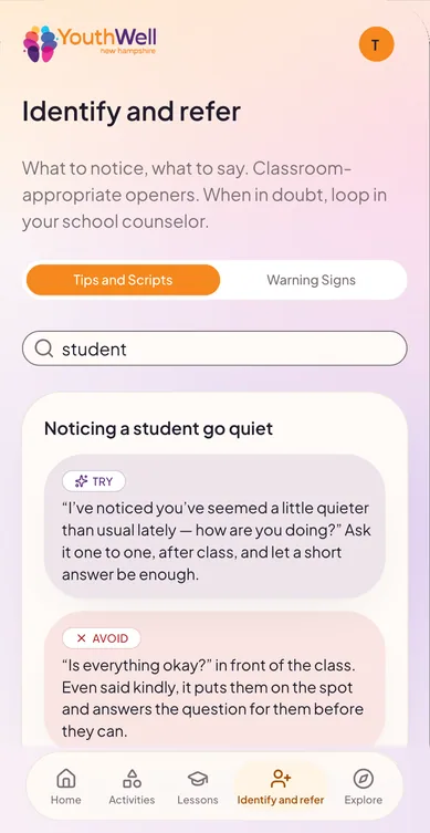 Identify and refer script, “Noticing a student go quiet”, with a TRY opener to ask one-to-one after class and an AVOID note about asking in front of the class.