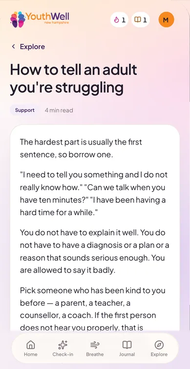 Article “How to tell an adult you're struggling”, a 4-minute read with ready-to-borrow first sentences.