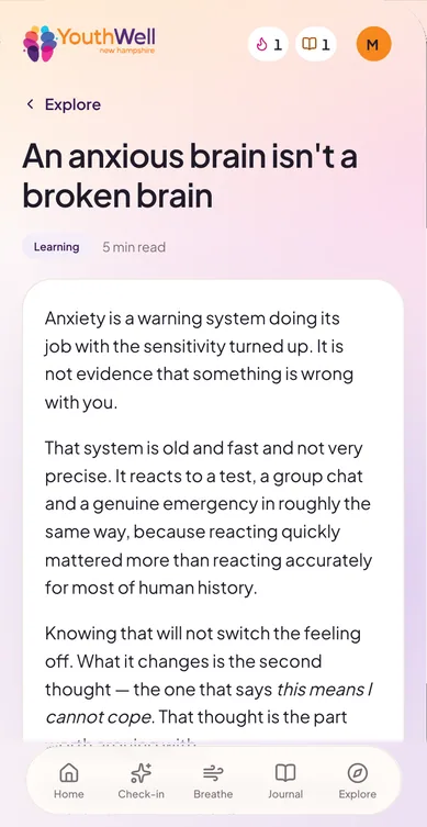 Article “An anxious brain isn't a broken brain”, explaining anxiety as a warning system with the sensitivity turned up.