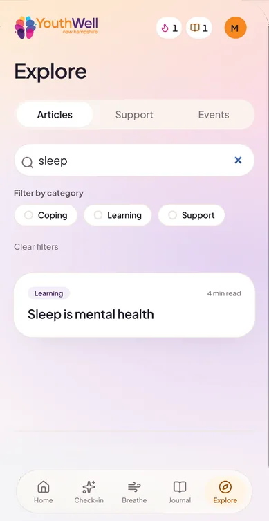 Explore, Articles tab searched for “sleep”, with filters for Coping, Learning and Support and one result: “Sleep is mental health”.