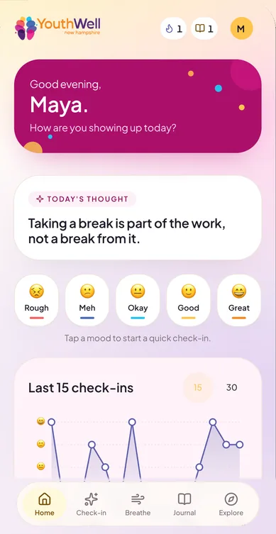 The same YouthWell home screen in the Bloom theme, with a magenta greeting card, periwinkle chart line and yellow accents.