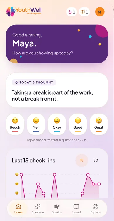 YouthWell home screen in the Bright theme: a violet greeting card that says “Good evening, Maya. How are you showing up today?”, today's thought, five mood buttons from Rough to Great, and a chart of recent check-ins.