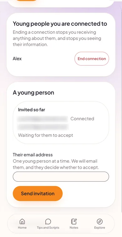Young people you are connected to: Alex, with an End connection button, and an invitation form where you add one young person's email at a time and they decide whether to accept. Invitation emails are blurred.