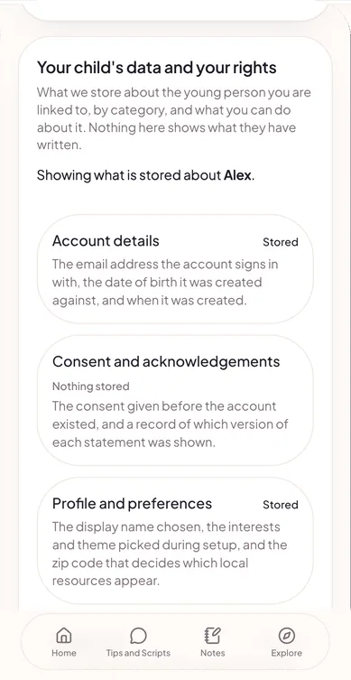 Your child's data and your rights: what is stored about Alex by category, such as account details, consent records and profile preferences, each marked Stored or Nothing stored.