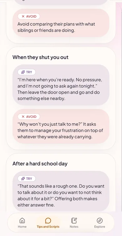 Tips and Scripts: situations such as “When they shut you out” and “After a hard school day”, each with a lavender TRY script and a blush AVOID script.