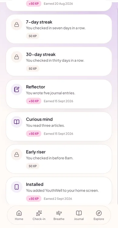 Achievements list: 7-day streak, 30-day streak, Reflector, Curious mind, Early riser and Installed, earned ones marked with plus 50 XP.