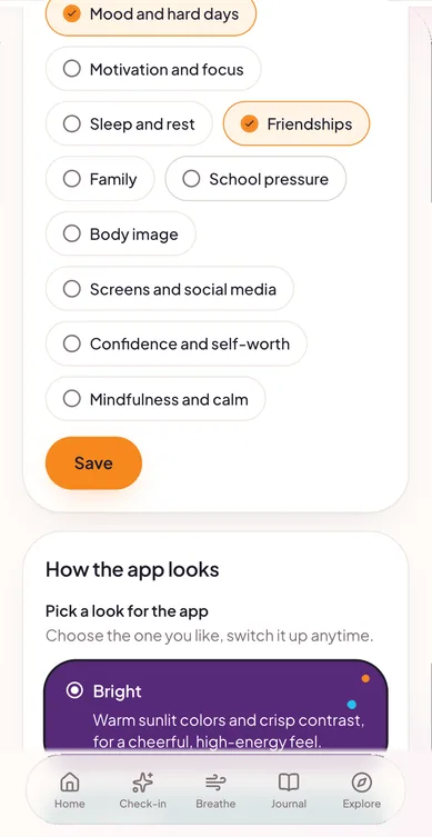 Settings: focus area chips such as Mood and hard days, Friendships, Sleep and rest and School pressure, with two selected, and the start of “How the app looks”.