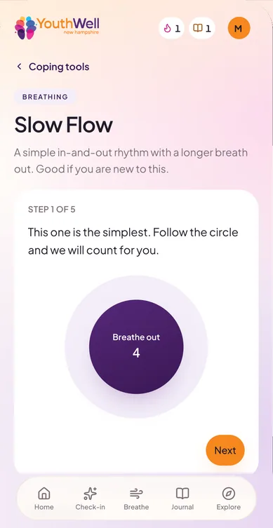 Slow Flow walkthrough, step 1 of 5: “This one is the simplest. Follow the circle and we will count for you.”
