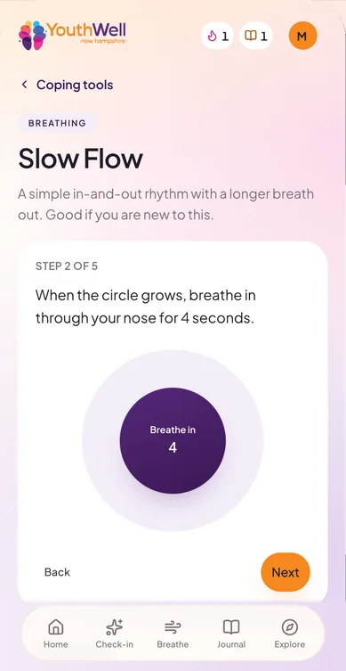 Walkthrough step 2 of 5: when the circle grows, breathe in through your nose for 4 seconds.