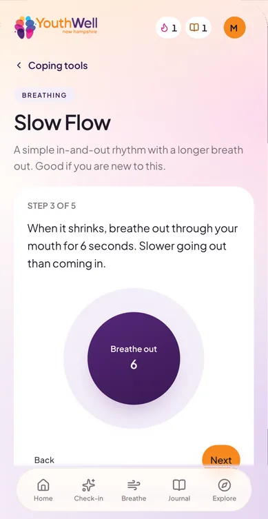 Walkthrough step 3 of 5: when it shrinks, breathe out through your mouth for 6 seconds.